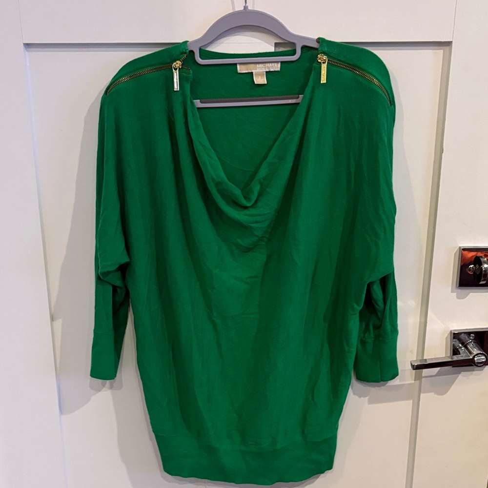 Michael Kors Green Cowl Neck Sweater with Gold Zippers
